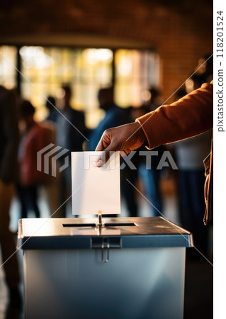 Civic duty - hand placing a ballot paper in ballot box for voting, emphasizing importance of election concept, showcasing anonymity of secret ballot, reflecting competitive nature of preelection race. Civic duty - hand placing a ballot paper in ballot box for voting, emphasizing importance of election concept, showcasing anonymity of secret ballot, reflecting competitive nature of preelection race. 118201524