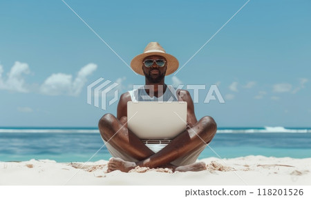 Beachside productivity - a man on beach with electronic device, illustrating the concept of remote work and passive income, blending relaxation with modern work flexibility and financial independence. Beachside productivity - a man on beach with electronic device, illustrating the concept of remote work and passive income, blending relaxation with modern work flexibility and financial independence. 118201526