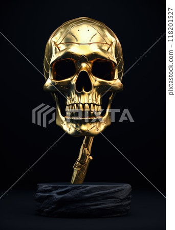 Chic allure: unveiling contemporary elegance of stylish skull with gold plating, modern luxurious decorative accent merging edgy design opulent glamour in a unique and fashion-forward statement piece. Chic allure: unveiling contemporary elegance of stylish skull with gold plating, modern luxurious decorative accent merging edgy design opulent glamour in a unique and fashion-forward statement piece. 118201527