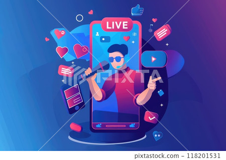 Studio streaming setup: a blogger livestreamer utilizing phone, podcast microphone for online streaming, reviewing business content, promoting through live broadcasts, enhancing digital presence. 118201531