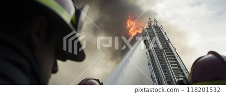 Heroic firefighter: brave fireman demonstrating courage, determination in face of danger, embodying strength, dedication required to protect lives, property during critical emergency situations. 118201532