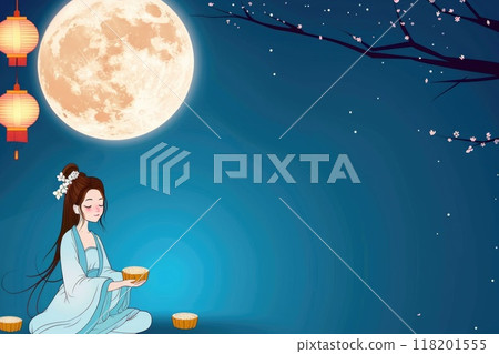 Enchanting celebration: mid-autumn festival, moon goddess Chang'e holding mooncakes against a moonlit sky, chinese lanterns, unity and abundance traditional festival honoring harvest, lunar deities. Enchanting celebration: mid-autumn festival, moon goddess Chang'e holding mooncakes against a moonlit sky, chinese lanterns, unity and abundance traditional festival honoring harvest, lunar deities. 118201555