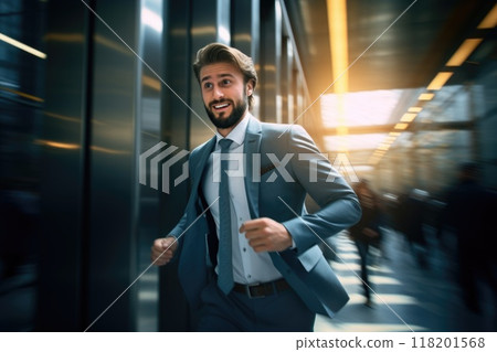 Corporate race - a businessman running, embodying concept of fast work and corporate lifestyle, illustrating demands of modern life and pursuit of business success in a dynamic world. Corporate race - a businessman running, embodying concept of fast work and corporate lifestyle, illustrating demands of modern life and pursuit of business success in a dynamic world. 118201568