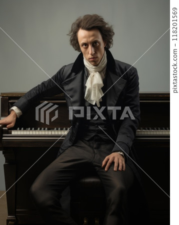 Musical genius: Frederic Francois Chopin, polish composer, pianist, renowned for his emotive compositions, virtuosic piano performances, leaving indelible mark on classical music history 118201569