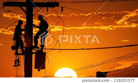 Dedicated effort - men working on electricity pole, skilled workers repairing breakdown in electricity supply, restoring essential power to community, labour day with hard work and commitment. 118201577