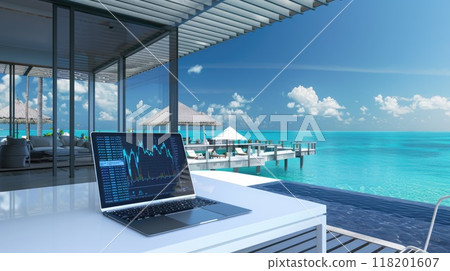Wealthy crypto: a stock chart laptop in a luxury flat in a resort town, concept of crypto earnings, highlighting fusion of digital wealth accumulation and upscale lifestyle idyllic resort settings. Wealthy crypto: a stock chart laptop in a luxury flat in a resort town, concept of crypto earnings, highlighting fusion of digital wealth accumulation and upscale lifestyle idyllic resort settings. 118201607