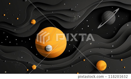 Cosmic artistry: 3d paper cut style poster of solar system planets on a black background, illustrating beauty of our celestial neighbors, creatively showcasing planets in a striking and modern design 118201632