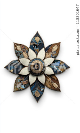 Sacred geometry: Mandala artwork featuring intricate patterns and symmetrical designs, representing spiritual harmony and balance, evoke a sense of peace and inner reflection. 118201647