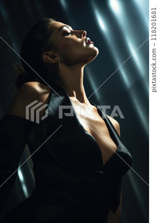 Captivating elegance: a beautiful girl strikes poses in gorgeous evening gown, embodying grace, style, and timeless beauty, creating a stunning visual narrative for fashion, glamour, and celebration. 118201681