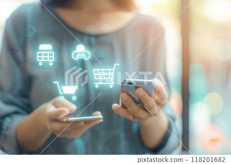 Digital buyer: customer engaging in social media shopping via mobile phone, fusion of social networking with e-commerce, emphasizing ease, accessibility, contemporary shopping landscape. 118201682