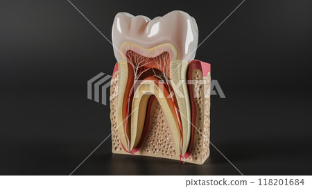 Anatomical intricacy: tooth structure, nerve, with a visible cartilaginous stage, detailed layers and components of a tooth, emphasizing the complex interplay of dental anatomy. 118201684