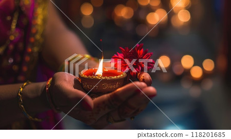 Joyous celebration: happy Diwali, colorful background suitable for banner, wallpaper, copy space, text, design, poster, card, flyer, greeting, showcasing festive spirit and cultural richness. 118201685