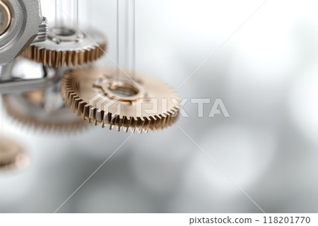 Data Dynamics: Mechanical gears and gear systems visualized through interconnected lines, dots, big data graphics with copy space for impactful banner, presentation 118201770