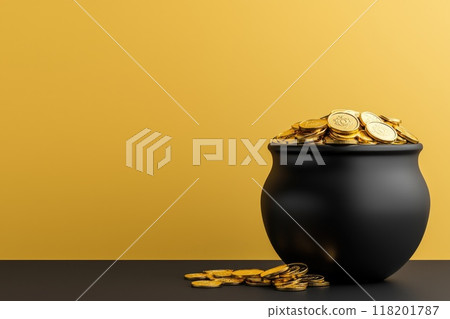 Auspicious beginnings: happy Dhanteras, featuring a gleaming pot filled with gold coins, representing the festival's blessings of wealth and prosperity, marking a joyous and prosperous celebration. 118201787