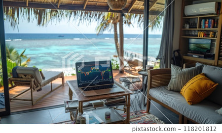 Wealthy crypto: a stock chart laptop in a luxury flat in a resort town, concept of crypto earnings, highlighting fusion of digital wealth accumulation and upscale lifestyle idyllic resort settings. 118201812