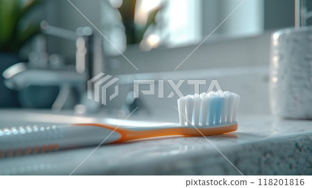 Essential dental hygiene: toothbrush and teeth in focus, significance of oral care, effective brushing for cavity prevention, overall mouth health, daily dental routines for radiant smile. 118201816