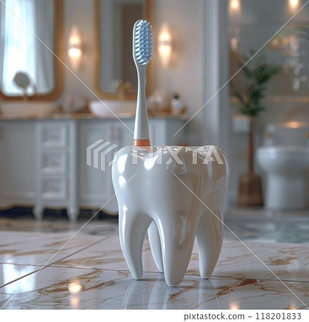 Comprehensive oral care: toothbrush cleaning teeth, importance of dental hygiene, focus on maintaining healthy gums, bright smile through proper brushing techniques, routine care. 118201833