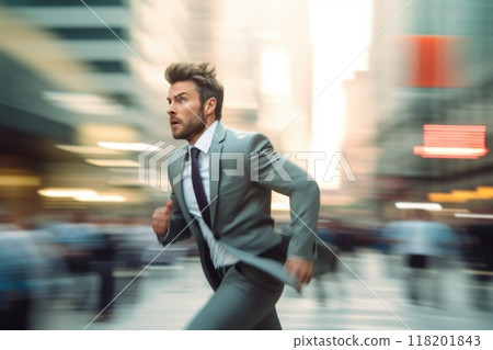 Speed of success - businessman running, representing fast-paced corporate lifestyle, highlighting concept of modern life, rapid work, relentless drive for business achievement. 118201843