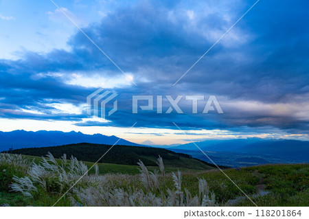 [Mt. Fuji] Mt. Fuji in the evening as seen from Kirigamine Fujimidai on a cloudy day [Nagano Prefecture] 118201864