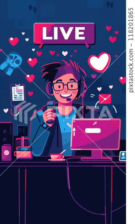 Studio content creator: blogger livestreamer employing a phone, podcast microphone for streaming, delivering business reviews, engaging audience, promoting via live sessions, optimizing online reach. 118201865