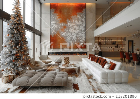 Large modern living room with white couch, fireplace and Christmas tree. Home is modern and elegant feel with large painting on the wall and rug on the floor 118201896