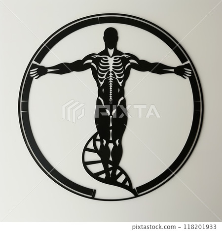 Logo healthcare excellence: banner medicine, doctors, pharmacology, hospital treatment, family doctor services, with copy space and vitruvian man for vip promotion 118201933