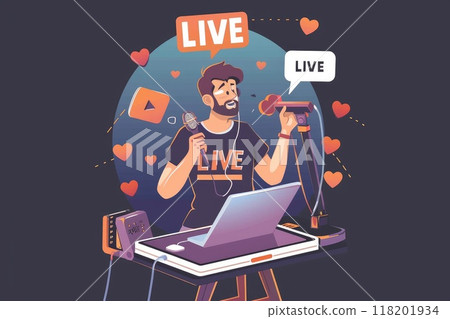 Studio streaming setup: a blogger livestreamer utilizing phone, podcast microphone for online streaming, reviewing business content, promoting through live broadcasts, enhancing digital presence. Studio streaming setup: a blogger livestreamer utilizing phone, podcast microphone for online streaming, reviewing business content, promoting through live broadcasts, enhancing digital presence. 118201934
