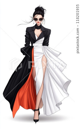 Fashion extravagance: Illustration of fashion model exuding sophistication in exquisite dress, extravagant beauty and refined elegance, embodying high couture, stunning visual appeal. 118201935