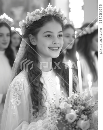 Sacred milestone - capturing the essence of first communion in a tender and symbolic portrayal, where young believers embrace the solemnity and spirituality of this significant rite Sacred milestone - capturing the essence of first communion in a tender and symbolic portrayal, where young believers embrace the solemnity and spirituality of this significant rite 118201936