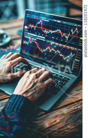 Market Mastery - Man holding laptop with trading chart and money, top view, illustrating the concept of stock market expertise and financial decision making, captured in a dynamic top down view. Market Mastery - Man holding laptop with trading chart and money, top view, illustrating the concept of stock market expertise and financial decision making, captured in a dynamic top down view. 118201972