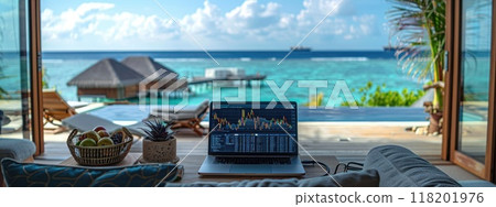 Wealthy crypto: a stock chart laptop in a luxury flat in a resort town, concept of crypto earnings, highlighting fusion of digital wealth accumulation and upscale lifestyle idyllic resort settings. Wealthy crypto: a stock chart laptop in a luxury flat in a resort town, concept of crypto earnings, highlighting fusion of digital wealth accumulation and upscale lifestyle idyllic resort settings. 118201976