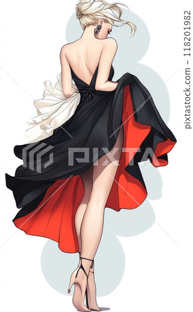 Fashion extravagance: Illustration of fashion model exuding sophistication in exquisite dress, extravagant beauty and refined elegance, embodying high couture, stunning visual appeal. 118201982