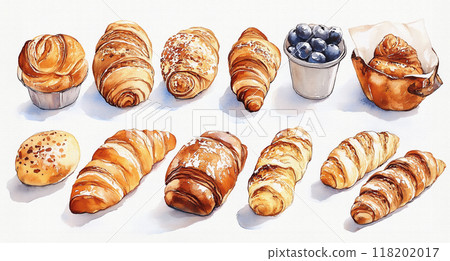 各種類型的麵包（麵包捲、羊角麵包、圓麵包等）、香草等的手繪水彩風格插圖。 118202017