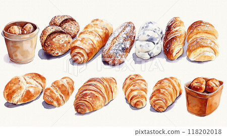 各種類型的麵包（麵包捲、羊角麵包、圓麵包等）、香草等的手繪水彩風格插圖。 118202018