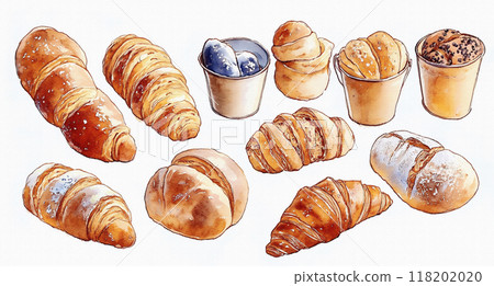 Hand-drawn watercolor illustration of various types of bread (rolls, croissants, boules, etc.), herbs, etc. 118202020