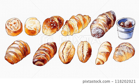 Hand-drawn watercolor illustration of various types of bread (rolls, croissants, boules, etc.), herbs, etc. 118202021