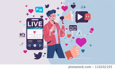 Studio streaming setup: a blogger livestreamer utilizing phone, podcast microphone for online streaming, reviewing business content, promoting through live broadcasts, enhancing digital presence. 118202105