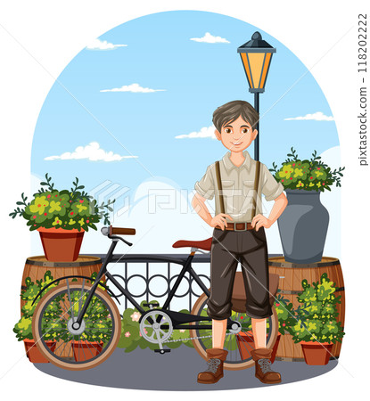 Boy with Bicycle in Garden Boy with Bicycle in Garden 118202222
