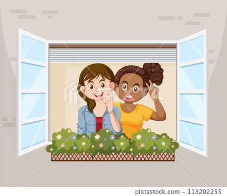 Friends Smiling at Open Window 118202255