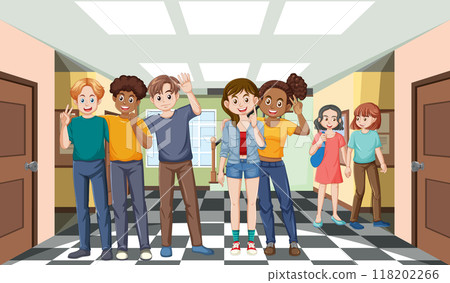 Friends Hanging Out in School Hallway 118202266