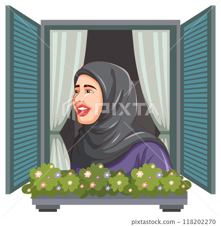 Woman Smiling at Window 118202270