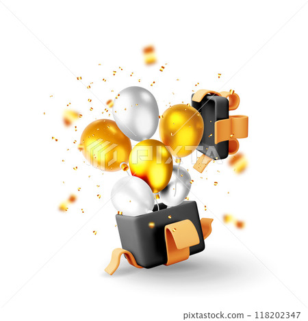 3D shiny gift box with balloon isolated 118202347