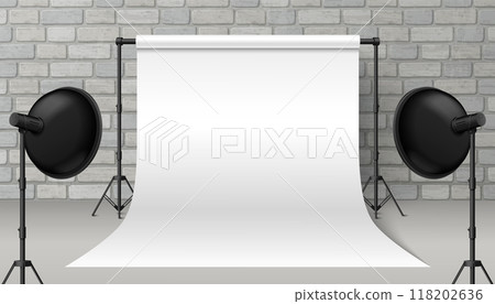 White empty paper backdrop in photo studio vector 118202636
