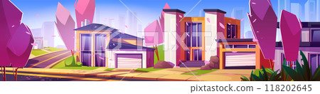 Spring neighborhood street with house landscape 118202645
