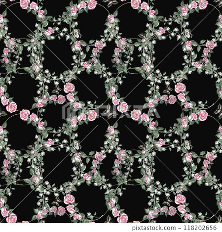 Seamless pattern with wreaths of roses in watercolor on a black background. Isolated illustration in a realistic style for packaging design, printing on fabric Seamless pattern with wreaths of roses in watercolor on a black background. Isolated illustration in a realistic style for packaging design, printing on fabric 118202656