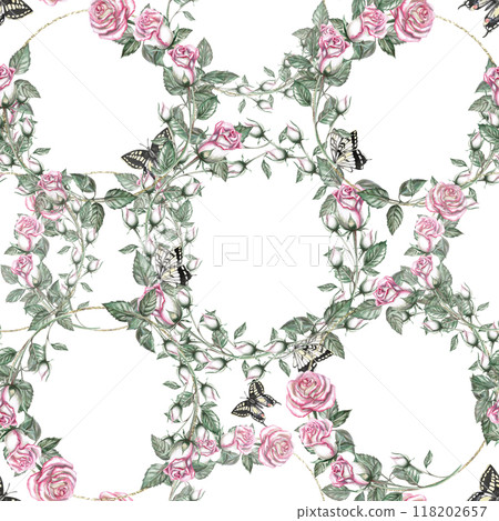 Seamless pattern with wreaths of roses in watercolor. Isolated illustration in realistic style for packaging design, printing on fabric 118202657