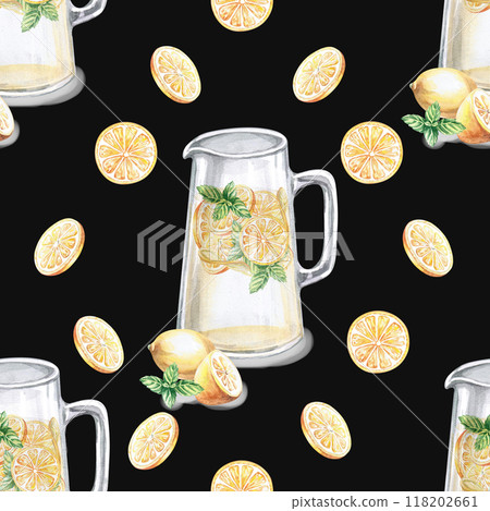 Seamless pattern with a jug of lemonade and lemon slices on a black background. Hand drawn watercolor illustration of cookbooks, menus, wrapping paper, coffee shops, fabric printing Seamless pattern with a jug of lemonade and lemon slices on a black background. Hand drawn watercolor illustration of cookbooks, menus, wrapping paper, coffee shops, fabric printing 118202661