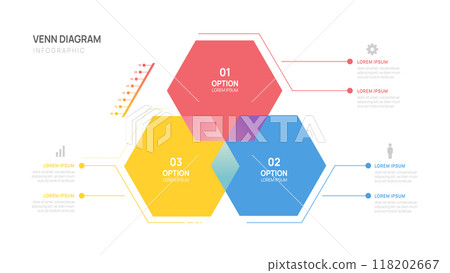 Infographic Hexagon geometric Venn diagram chart template for business presentation with venn diagram elements vector illustration. 118202667