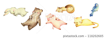 Set of sleeping animals, hand-drawn with colored pencils 118202685