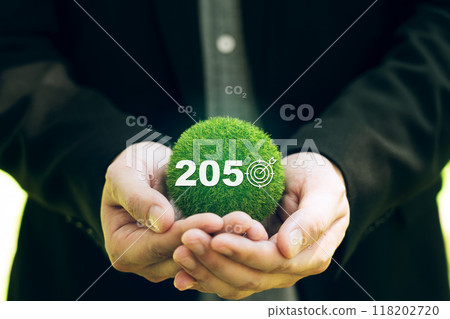 CO2 or carbon concept with business man holding green earth. co2 emission using clean energy and limit global warming. renewable energy. 118202720
